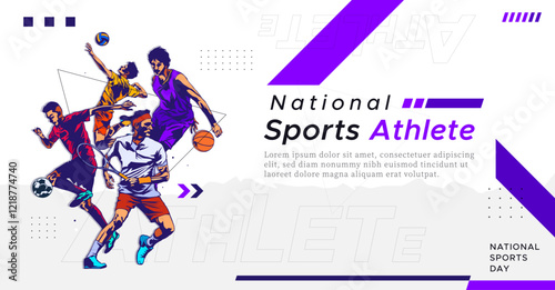 National sports day celebration design featuring illustrations of basketball, soccer, volleyball, and tennis athletes on a sporty background. Can be used for banners, web, etc. Sports day concept