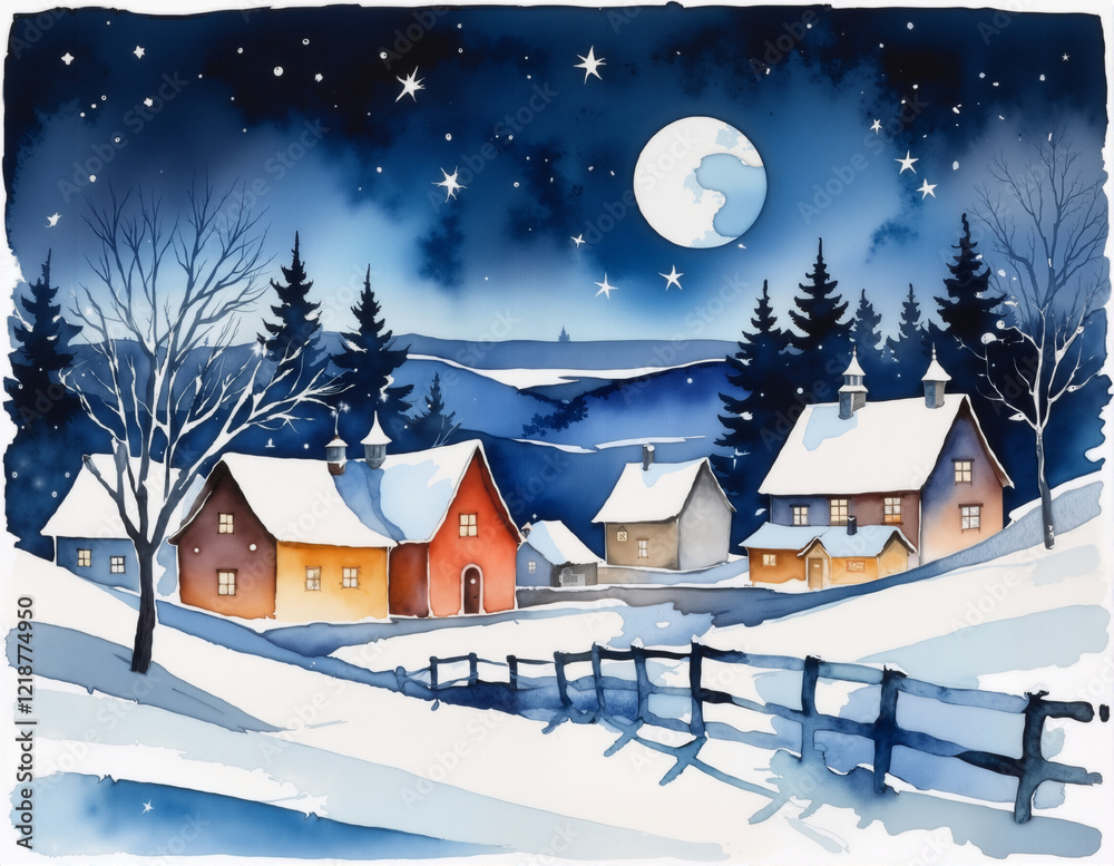 Fototapeta premium Watercolor illustration of a scenic snow-covered village under a starry winter night with a full moon, hand-painted for winter decor, holiday art, home decor, and digital projects