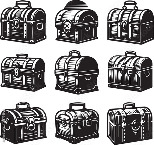 Collection of chest box or trunk box logo icon vector illustration, plunder box or coffer vintage box isolated 