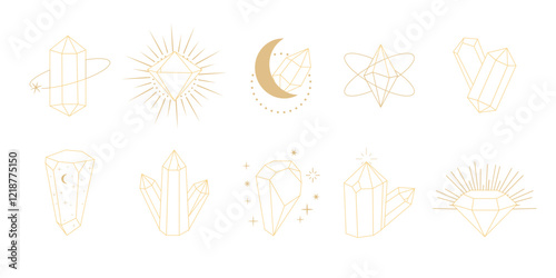 Crystal gemstone gold thin line polygon stone, contour gem, polyhedron. Elegant outline geometric quartz, jewel. Mineral linear icon.