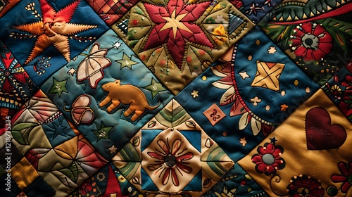 Detailed Handstitched Patchwork Quilt with Star, Heart and Animal Motifs photo