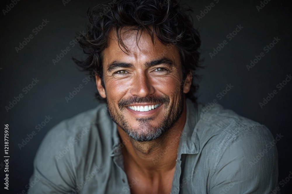 Fototapeta premium Smiling man with tousled hair in a casual shirt, exuding confidence and charm in close-up portrait setting