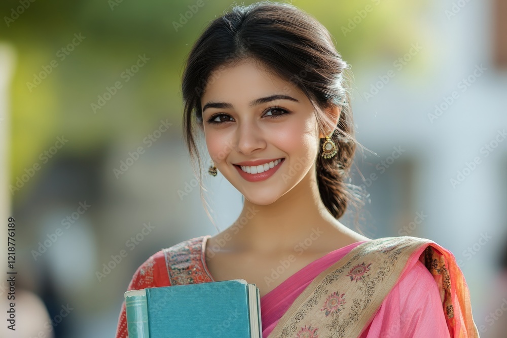 Young woman smiles brightly while holding a book outdoors in traditional attire during a sunny day Young woman smiles brightly while holding a book outdoors in traditional attire during a sunny day