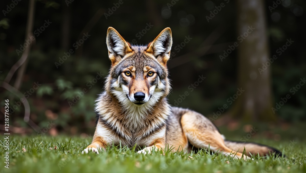 Fototapeta premium Coyote resting in grass wildlife photography