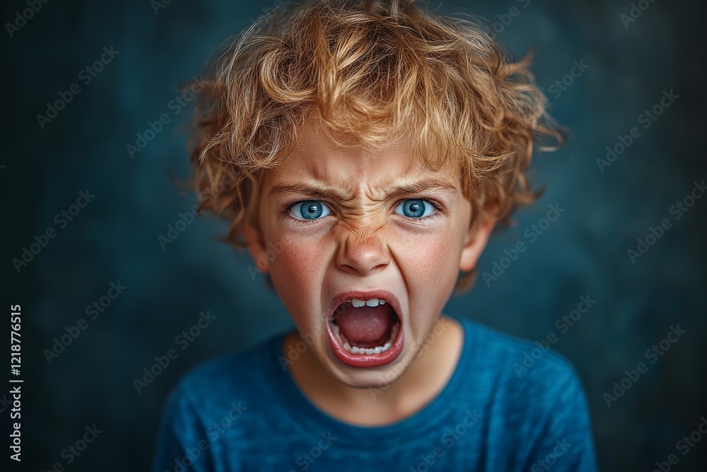 Young boy with curly hair expressing anger while shouting in front of a textured background Young boy with curly hair expressing anger while shouting in front of a textured background