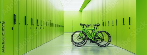 Bright Green Bicycle Storage Room with Two Leaning Bikes Against Vibrant Lime Green Lockers photo