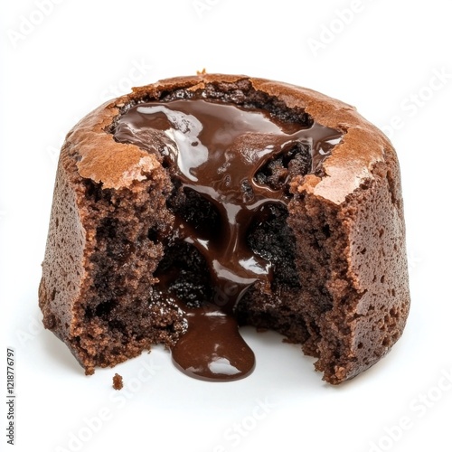 A decadent chocolate lava cake oozing with molten center, isolated white background, abstract art style