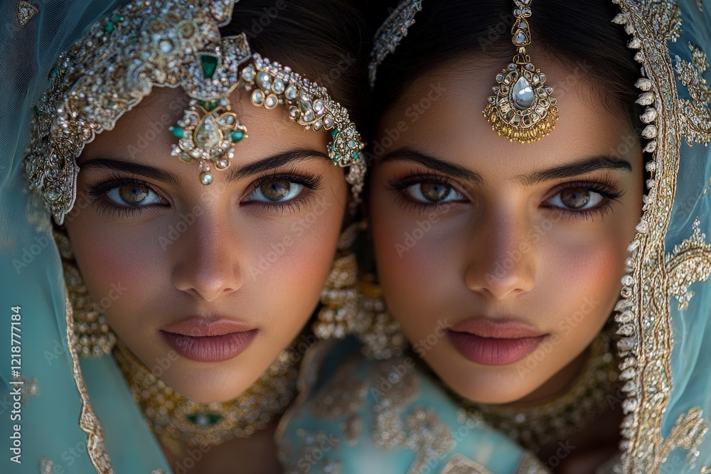 Twin sisters adorned in traditional attire showcase intricate jewelry and elegant makeup during a cultural celebration Twin sisters adorned in traditional attire showcase intricate jewelry and elegant makeup during a cultural celebration