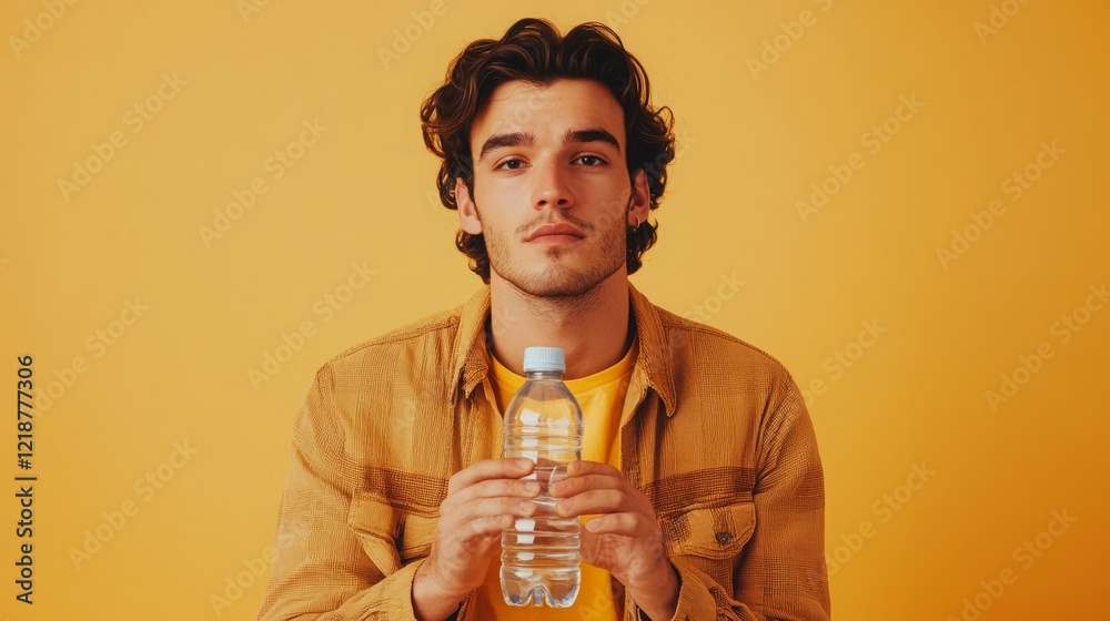 Young man holding a water bottle against a yellow background. Young man holding a water bottle against a yellow background.