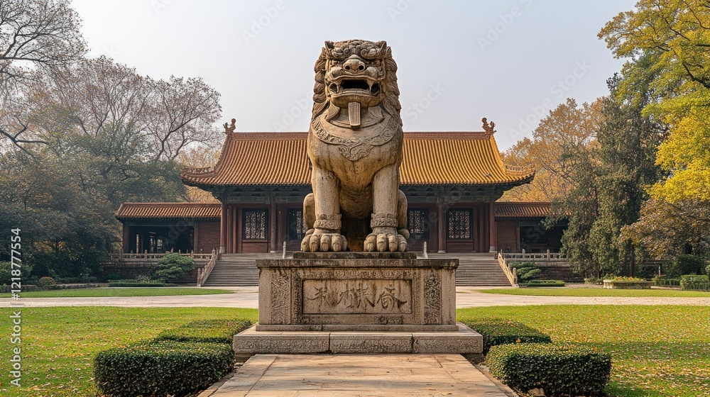 Stone lion guards temple, autumn park