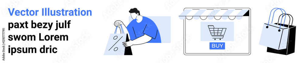 Man handling shopping bags, computer screen displaying shopping cart and buy button, shopping bags. Ideal for online shopping, e-commerce platforms, digital marketing, retail, consumer behavior Man handling shopping bags, computer screen displaying shopping cart and buy button, shopping bags. Ideal for online shopping, e-commerce platforms, digital marketing, retail, consumer behavior