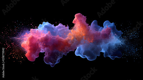 An animated molecular structure dissolving into a vibrant cloud of particles, with dynamic motion and glowing effects, during a science-themed virtual rendering