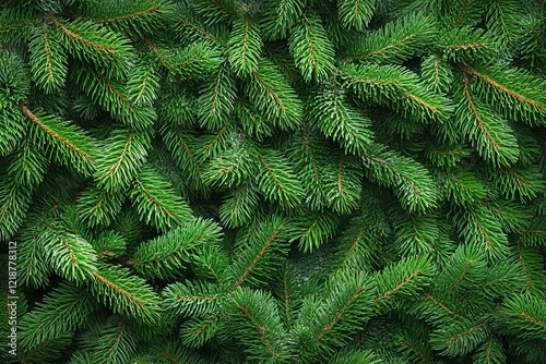 Lush green pine branches create a dense and vibrant texture in a natural setting during daytime photo