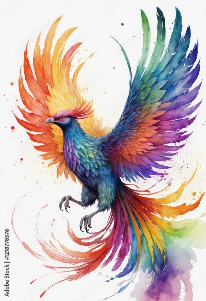 Colorful Phoenix Bird Illustration with Vibrant Feathers and a Fiery Energy on a White Background Colorful Phoenix Bird Illustration with Vibrant Feathers and a Fiery Energy on a White Background
