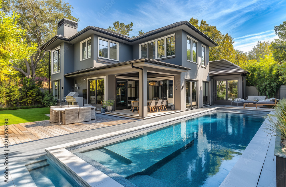 Obraz premium Luxurious private villa with a swimming pool. Evening ambiance in a countryside residence. Exterior of an elegant mansion featuring a pool.