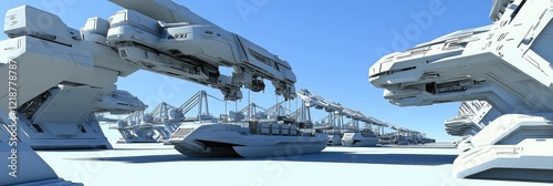 Futuristic transport vehicles loading, white background