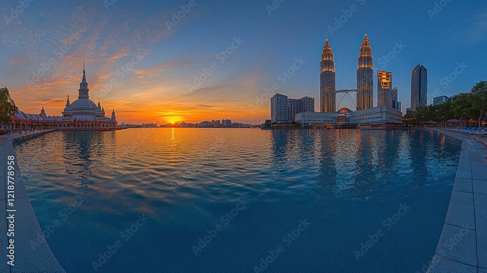 Obraz premium Sunrise over Kuala Lumpur's iconic twin towers reflecting in a placid lagoon
