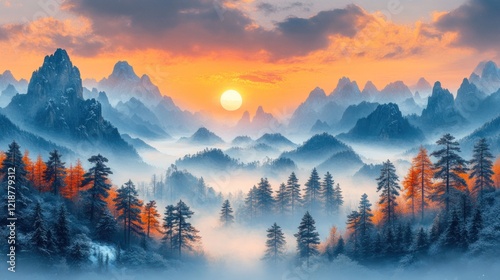 Sunrise over misty mountain range, autumn forest photo