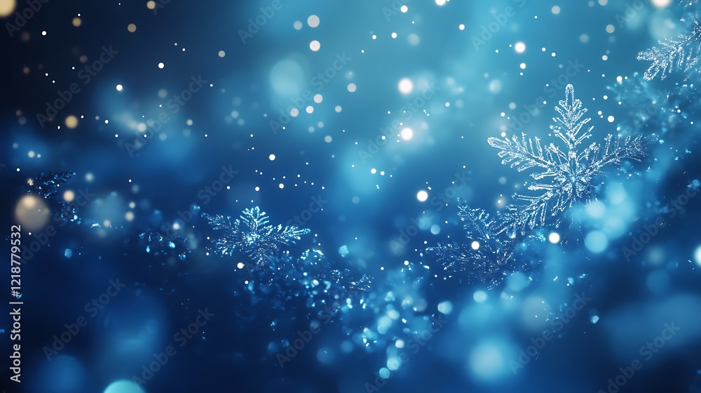 Fototapeta premium An enchanting abstract winter scene with twinkling snowflakes and glowing starlight on a frosty blue gradient background.