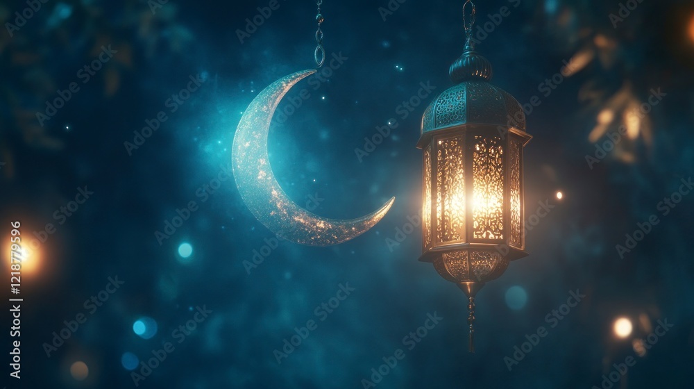 A Ramadan banner with an elegant crescent moon and lantern, set against a deep blue background, perfect for the holy month of Ramadan. The text is centered, with space on the right side. A Ramadan banner with an elegant crescent moon and lantern, set against a deep blue background, perfect for the holy month of Ramadan. The text is centered, with space on the right side.