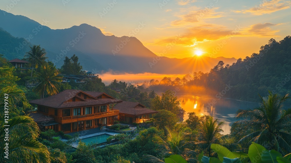 Fototapeta premium Sunrise over mountain resort home with pool