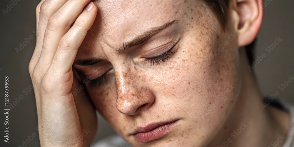 Emotional Close Up View Portrait of a Freckled Woman in Contemplative Reflection Emotional Close Up View Portrait of a Freckled Woman in Contemplative Reflection