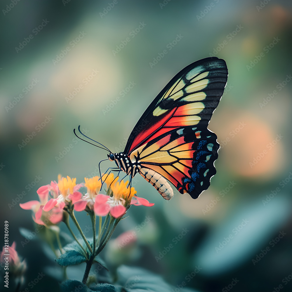 Fototapeta premium Butterfly on a Flower: A vibrant butterfly with wings of yellow, orange, red, and black, perches delicately on a cluster of vibrant pink flowers.