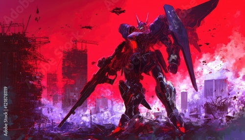 Mech Warrior Stands in a Destroyed Cityscape