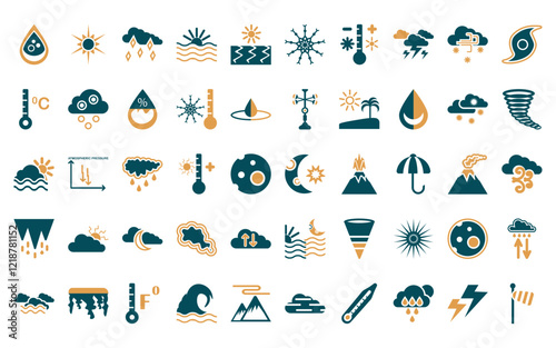50 linear weather icon pack. vector thin line starry night, sunshine, ice pellets, dawn, drought, frost, temperature icons suitable for apps and websites ui designs.
