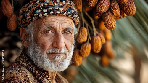 Close up of an elderly Balochi farmer wearing an embroidered cap and loose fitting shalwar kameez standing in a date palm orchard with dates hanging from the trees behind him photo