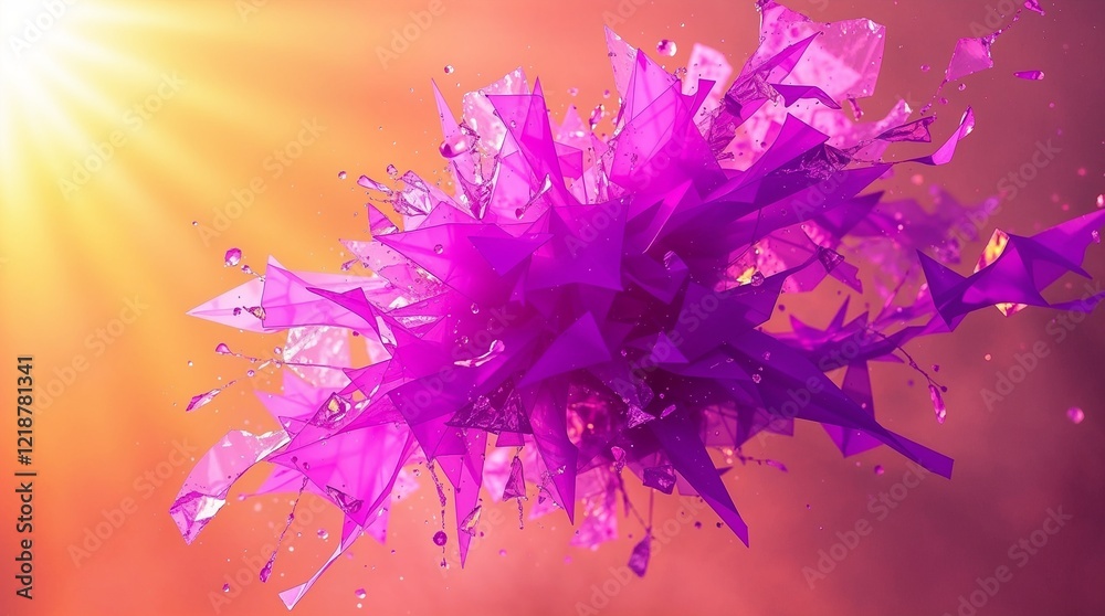Naklejka premium A digital painting depicting ethereal fragmentation in warm golden hour light, infused with deep ultraviolet hues, vivid purples, high contrast, and soft light reminiscent of sunrise or sunset.