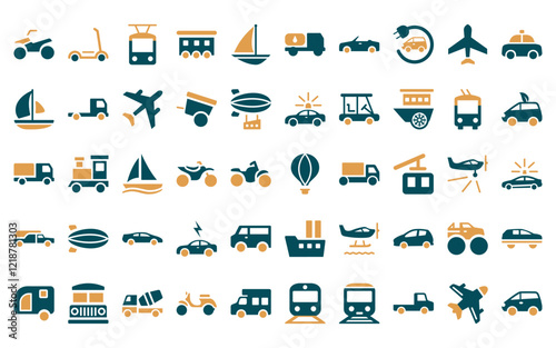 50 linear transportation icon pack. vector thin line hot air balloon, scooter, tramway, caboose, schooner, tanker, cabriolet icons suitable for apps and websites ui designs.