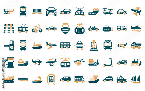 50 linear transportation icon pack. vector thin line unidentified flying object,  , wagon, car frontal view, automobile, funicular railway, pt boat icons suitable for apps and websites ui designs.