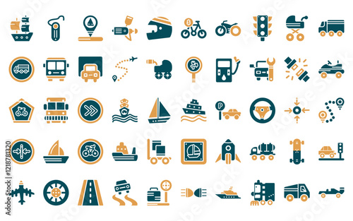 50 linear transport icon pack. vector thin line ferry, hands free device, boating, car painting, motorsport, bicycle rental, motorbike icons suitable for apps and websites ui designs.