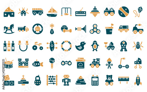 50 linear toys icon pack. vector thin line duck toy, ladybug toy, bus toy, boat swing piano spinning top icons suitable for apps and websites ui designs.
