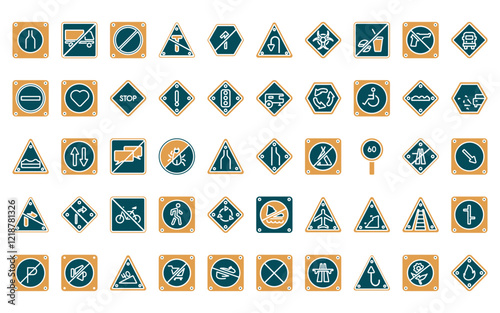 50 linear traffic signs icon pack. vector thin line narrow lane, no trucks, no waiting, t junction, no straight, left hair pin, biological hazard icons suitable for apps and websites ui designs.