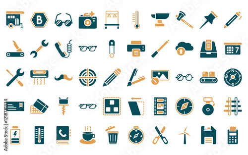 50 linear tools and utensils icon pack. vector thin line hair iron, bold, optical, camera with flash, clothes rack, thermometers, metal icons suitable for apps and websites ui designs.