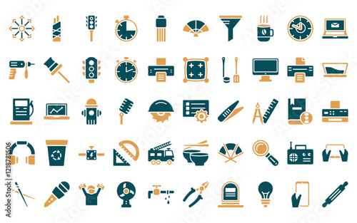 50 linear tools and utensils icon pack. vector thin line program tings, chopsticks, semaphore traffic lights, minute, times square, tessen fan, filtering icons suitable for apps and websites ui