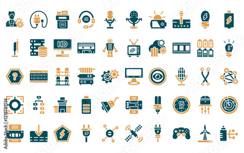 50 linear technology icon pack. vector thin line big tv, plug with circular cable, file storage, telemarketing, microphone voice, big old microphone, solar battery icons suitable for apps and