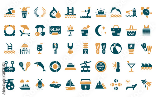 50 linear summer icon pack. vector thin line dispenser, milkshake, wreath, fig, swimming pool ladder, waterski, sun at sea icons suitable for apps and websites ui designs.