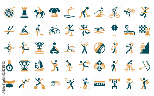 50 linear sports icon pack. vector thin line exercise gym, tower from a chess, horseback, short sleeves, swimming jump, american football player, water ski icons suitable for apps and websites ui