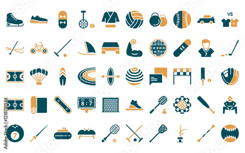 50 linear sport icon pack. vector thin line dodgeball, trail running, diving sport, unicycling handball, judo, volleyball, powerlifting icons suitable for apps and websites ui designs.