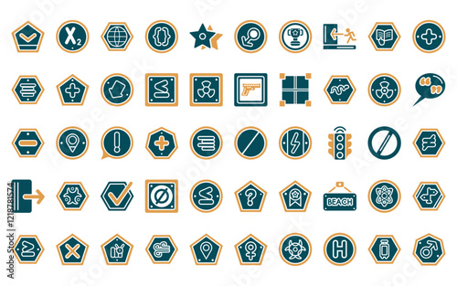 50 linear signs icon pack. vector thin line prohibition circle, subscript, internet, parenthesis, favourite star, male gender, classroom cup icons suitable for apps and websites ui designs.