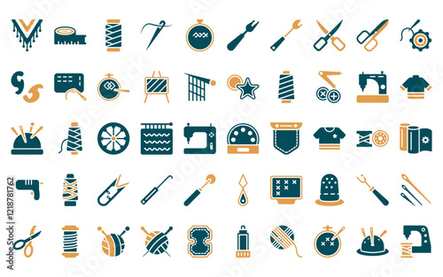 50 linear sew icon pack. vector thin line buttonhole, measuring, thread, needles, embroidery hoop, seam, ripper icons suitable for apps and websites ui designs.