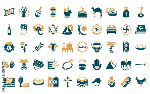 50 linear religion icon pack. vector thin line muhammad word, burning bush, dreidel, islamic lantern, one god, mosque domes, dromedary icons suitable for apps and websites ui designs.