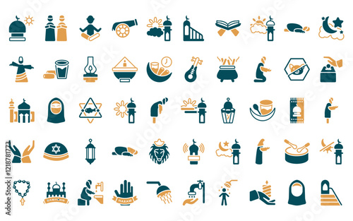 50 linear religion icon pack. vector thin line subah prayer, islamic friday prayer, buddhist monk, eyd gun, ramadan sunrise, islamic minbar, quran rehal icons suitable for apps and websites ui