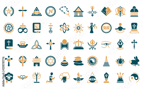 50 linear religion icon pack. vector thin line calvary, catholicism, caodaism, nihilism, bead, wat maha that, shiva icons suitable for apps and websites ui designs.