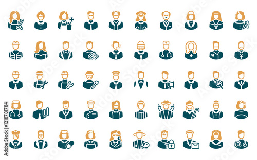 50 linear professions icon pack. vector thin line concierge, cashier, boxer, director, cricket player, lobby boy, athlete icons suitable for apps and websites ui designs.