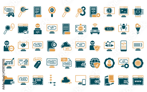 50 linear programming icon pack. vector thin line 404 error, seo keywords, encripted file, seo tools, code review, optimization, article icons suitable for apps and websites ui designs.