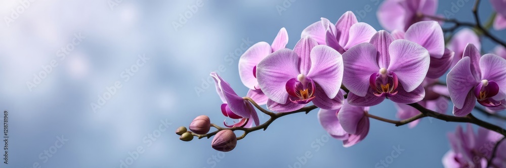 Purple orchids with unopened buds on a branch against sky Purple orchids with unopened buds on a branch against sky
